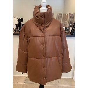 Vegan Leather Stand Collar Puff Coat